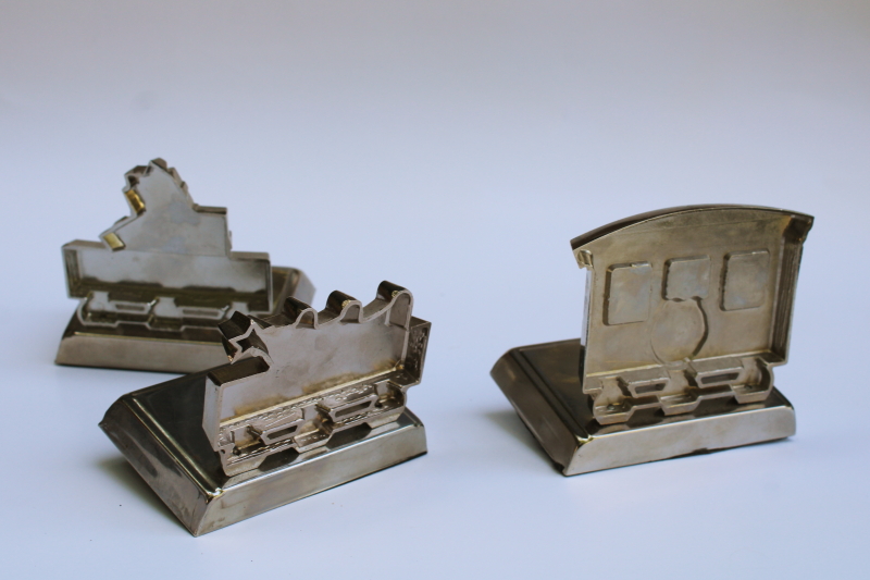 photo of holiday train Christmas stocking holders, weighted hooks silver tone metal w/ colored enamel #5