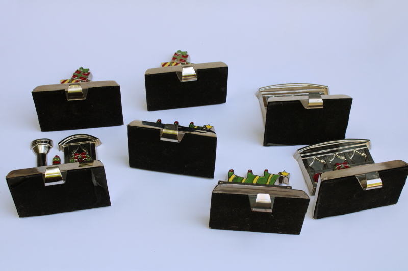 photo of holiday train Christmas stocking holders, weighted hooks silver tone metal w/ colored enamel #6