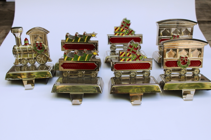 photo of holiday train Christmas stocking holders, weighted hooks silver tone metal w/ colored enamel #8
