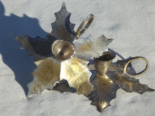 photo of holly leaf finger ring candlesticks, silver wash over brass candle holders #4