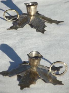 catalog photo of holly leaf finger ring candlesticks, silver wash over brass candle holders