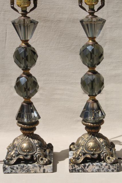 photo of hollywood regency vintage Italian bronze lamps w/ smoke glass crystals, black marble lamp bases #1