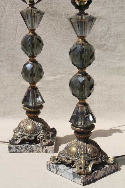 photo of hollywood regency vintage Italian bronze lamps w/ smoke glass crystals, black marble lamp bases #5