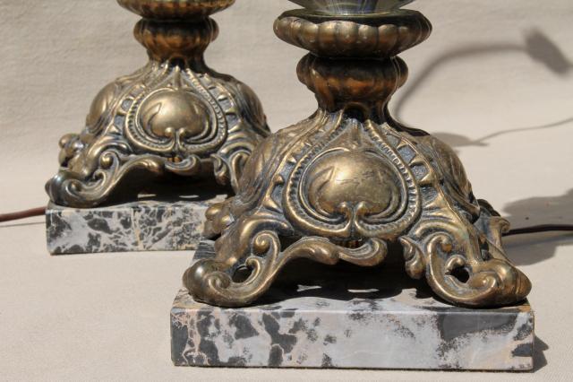 photo of hollywood regency vintage Italian bronze lamps w/ smoke glass crystals, black marble lamp bases #6