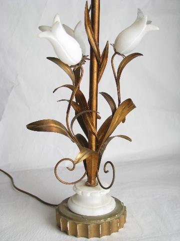 photo of hollywood regency vintage Italian tole table lamp, antique gold metal w/ alabaster roses #1