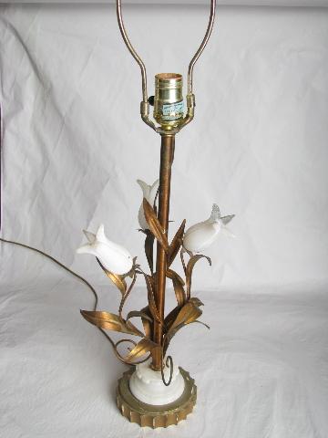 photo of hollywood regency vintage Italian tole table lamp, antique gold metal w/ alabaster roses #2