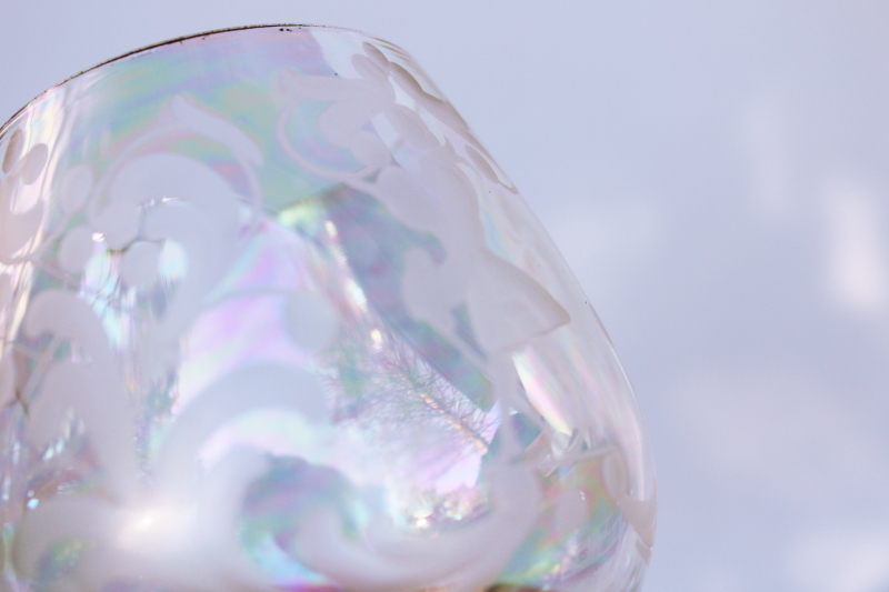 photo of hollywood regency vintage glasses, iridescent luster etched glass colonial couple  #7