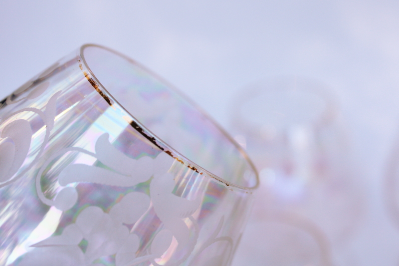 photo of hollywood regency vintage glasses, iridescent luster etched glass colonial couple  #8