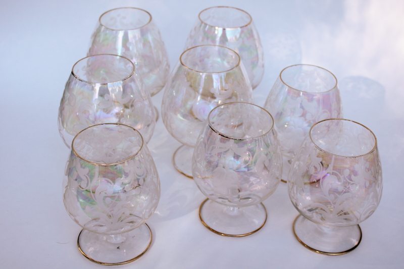 photo of hollywood regency vintage glasses, iridescent luster etched glass colonial couple  #11