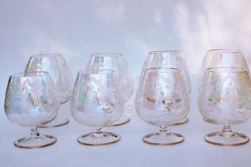 catalog photo of hollywood regency vintage glasses, iridescent luster etched glass colonial couple