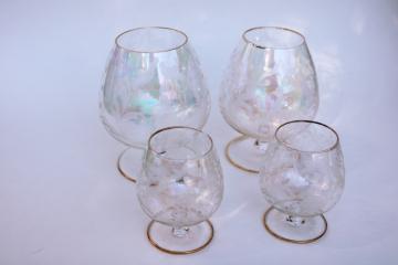catalog photo of hollywood regency vintage glasses, iridescent luster etched glass colonial couple