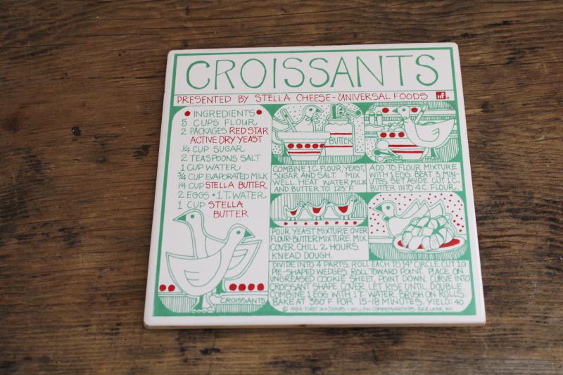 photo of home baker kitchen decor, french croissants vintage recipe print tile trivet  #1