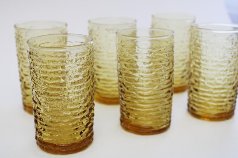 photo of honey gold amber glass tumblers, set of crinkle texture drinking glasses Soreno Anchor Hocking #2