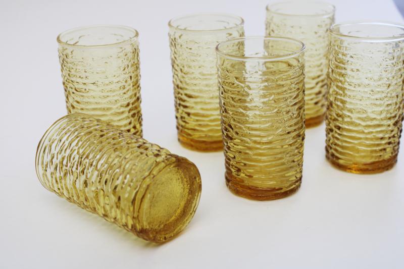 photo of honey gold amber glass tumblers, set of crinkle texture drinking glasses Soreno Anchor Hocking #3