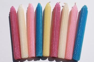 catalog photo of honeycomb texture beeswax candles, country primitive style candle tapers