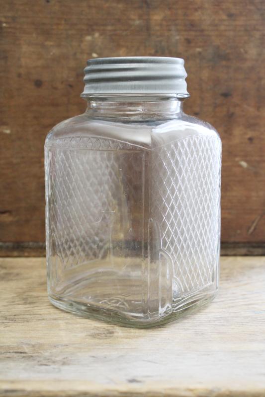 photo of hoosier vintage glass jar, square canister w/ embossed diamond grid pattern #1