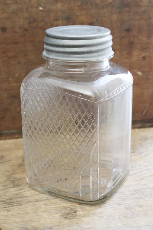 photo of hoosier vintage glass jar, square canister w/ embossed diamond grid pattern #3