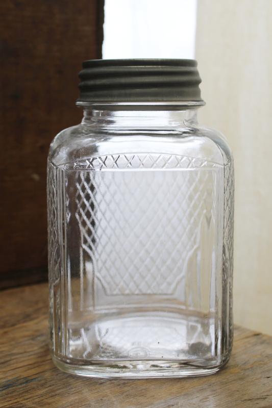 photo of hoosier vintage glass jar, square canister w/ embossed diamond grid pattern #5