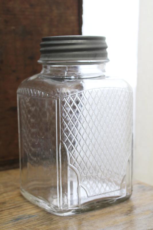 photo of hoosier vintage glass jar, square canister w/ embossed diamond grid pattern #6