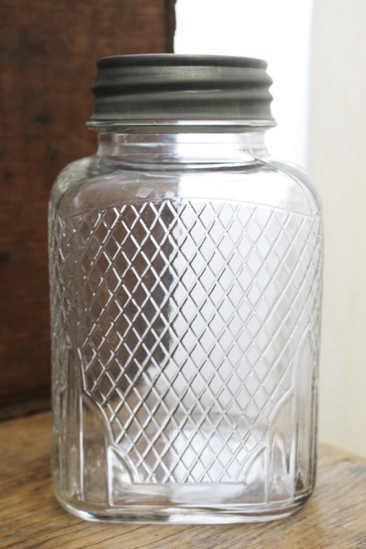 photo of hoosier vintage glass jar, square canister w/ embossed diamond grid pattern #7