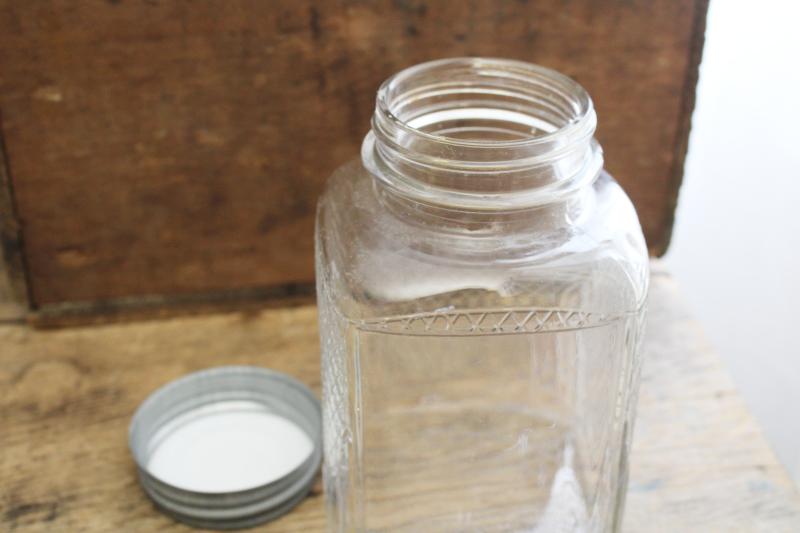 photo of hoosier vintage glass jar, square canister w/ embossed diamond grid pattern #10