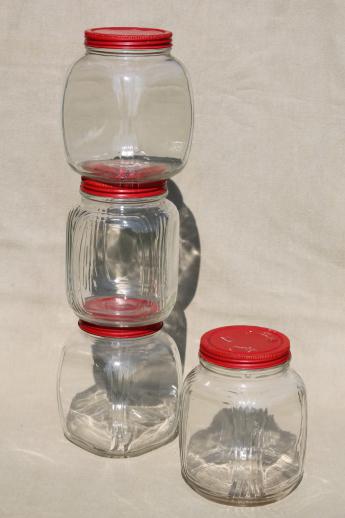 photo of hoosier vintage glass jars w/ red painted metal lids, pantry storage jars or kitchen canisters #1