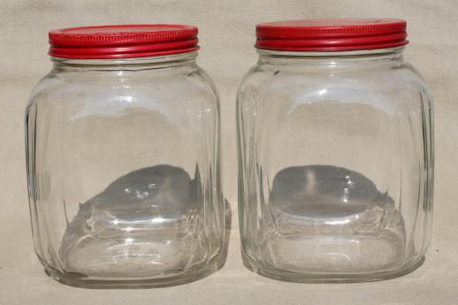 photo of hoosier vintage glass jars w/ red painted metal lids, pantry storage jars or kitchen canisters #2