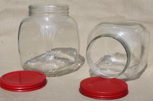 photo of hoosier vintage glass jars w/ red painted metal lids, pantry storage jars or kitchen canisters #3