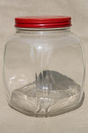 photo of hoosier vintage glass jars w/ red painted metal lids, pantry storage jars or kitchen canisters #5