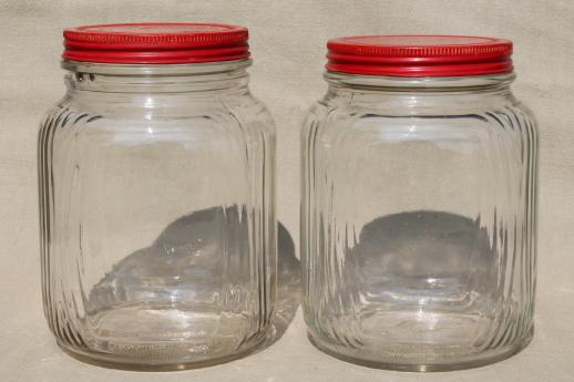 photo of hoosier vintage glass jars w/ red painted metal lids, pantry storage jars or kitchen canisters #6