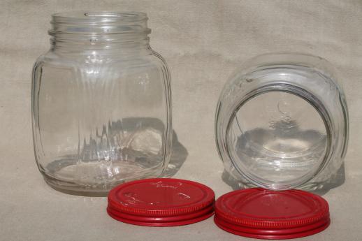 photo of hoosier vintage glass jars w/ red painted metal lids, pantry storage jars or kitchen canisters #7