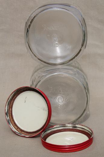 photo of hoosier vintage glass jars w/ red painted metal lids, pantry storage jars or kitchen canisters #8