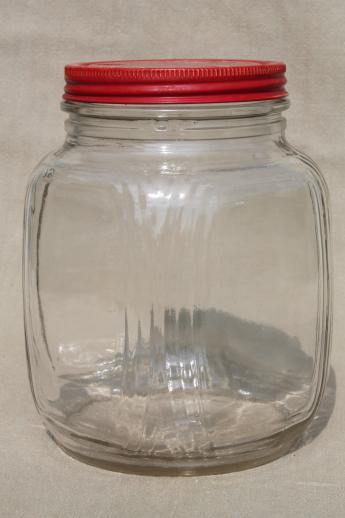 photo of hoosier vintage glass jars w/ red painted metal lids, pantry storage jars or kitchen canisters #9