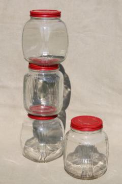 catalog photo of hoosier vintage glass jars w/ red painted metal lids, pantry storage jars or kitchen canisters