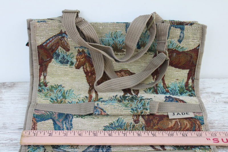 photo of horses pattern vintage tapestry folding travel tote or shopping bag w/ rolling wheels  #3