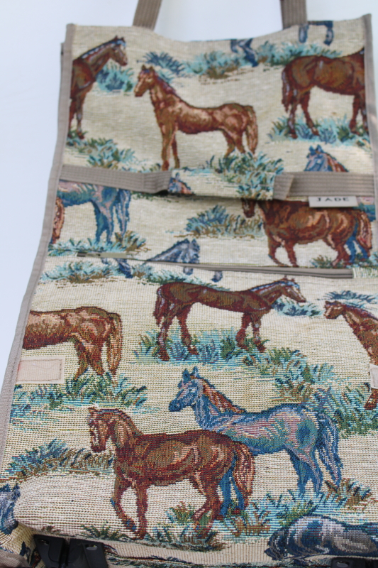 photo of horses pattern vintage tapestry folding travel tote or shopping bag w/ rolling wheels  #5