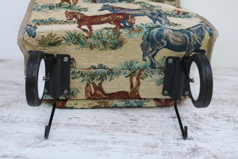 photo of horses pattern vintage tapestry folding travel tote or shopping bag w/ rolling wheels  #6