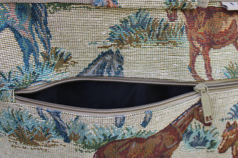 photo of horses pattern vintage tapestry folding travel tote or shopping bag w/ rolling wheels  #7