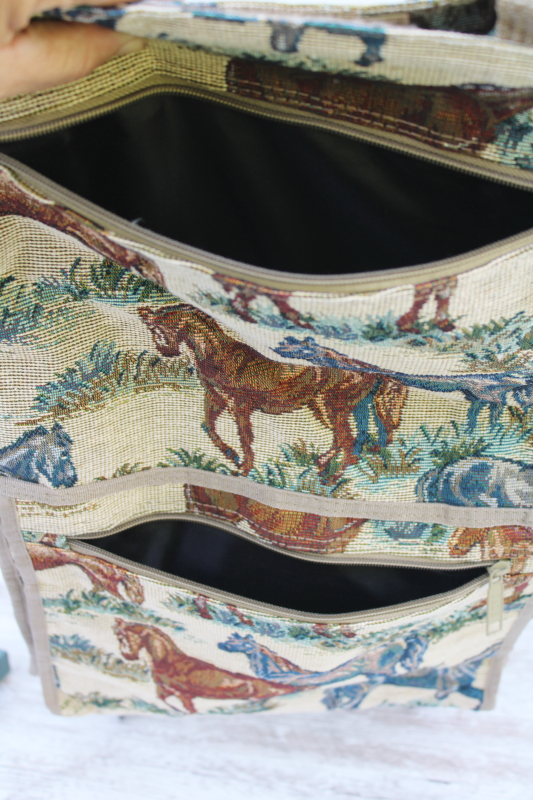 photo of horses pattern vintage tapestry folding travel tote or shopping bag w/ rolling wheels  #9
