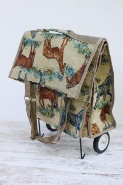 catalog photo of horses pattern vintage tapestry folding travel tote or shopping bag w/ rolling wheels 