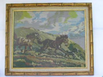 catalog photo of horses running free, vintage wool needlepoint horse picture, large gold frame