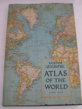 catalog photo of huge 1975 edition world map atlas, old National Geographic maps