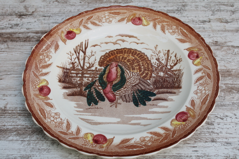 photo of huge ROUND turkey platter or serving tray, vintage Thanksgiving china round seal backstamp w/ peacock  #1