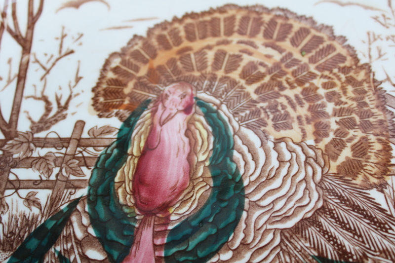 photo of huge ROUND turkey platter or serving tray, vintage Thanksgiving china round seal backstamp w/ peacock  #3