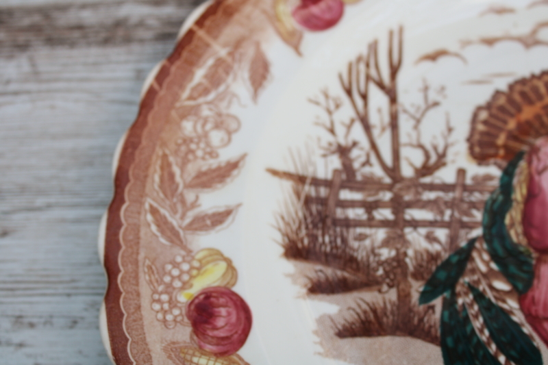 photo of huge ROUND turkey platter or serving tray, vintage Thanksgiving china round seal backstamp w/ peacock  #4