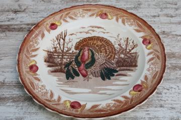 huge ROUND turkey platter or serving tray, vintage Thanksgiving china round seal backstamp w/ peacock 