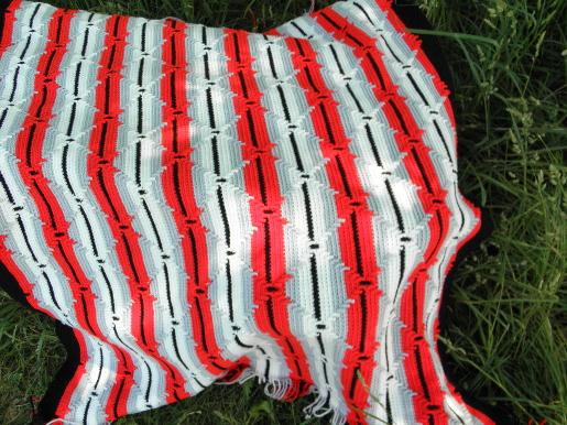 photo of huge afghan or crochet bedspread, retro Indian blanket red/black/white #1