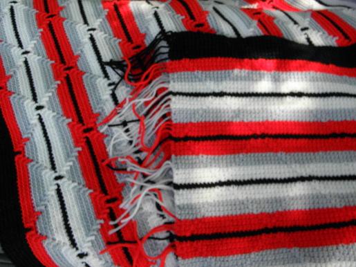 photo of huge afghan or crochet bedspread, retro Indian blanket red/black/white #2