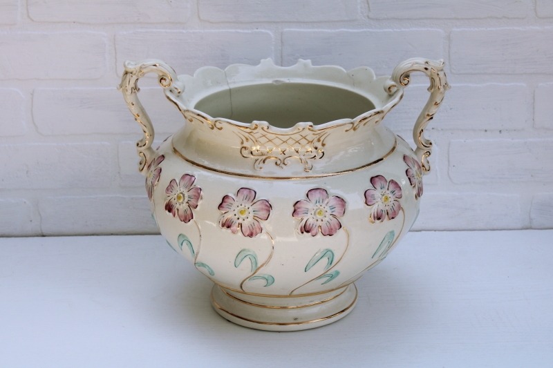 photo of huge antique Victorian jardiniere pot, 1880s vintage Haynes Baltimore china, art nouveau pattern #1
