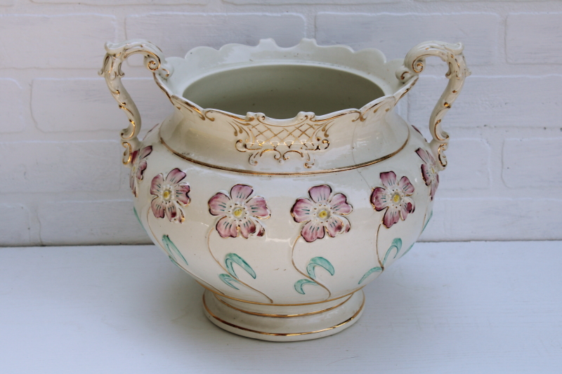 photo of huge antique Victorian jardiniere pot, 1880s vintage Haynes Baltimore china, art nouveau pattern #6